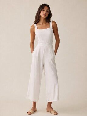 Rhythm.  White Square-Neck Cabana Linen BlendJumpsuit